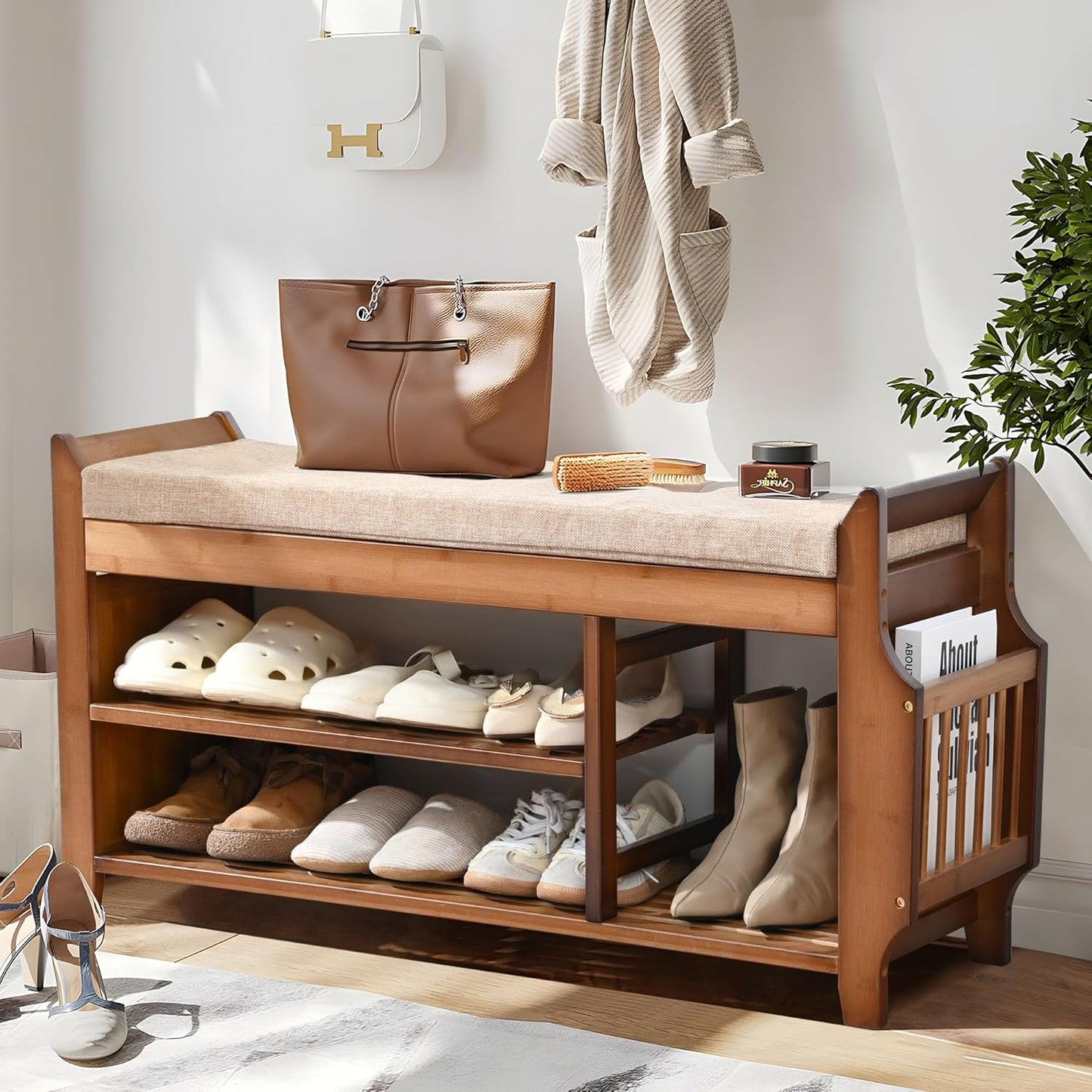 Entryway Bamboo 2 Tier Shoe Rack Bench W/Hidden Drawer Organizer