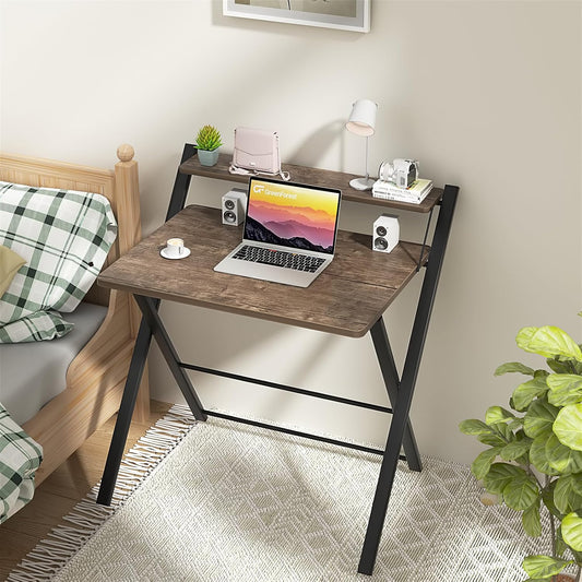 Folding Desk 2-Tier Foldable Small Spaces 27"W Home Office-Brown