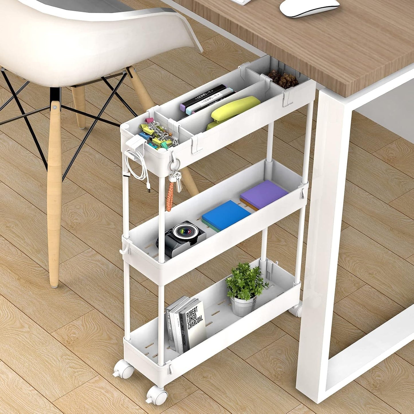 Rolling Utility Cart Slim Storage 3-Tier Slide Out Shelving Unit
