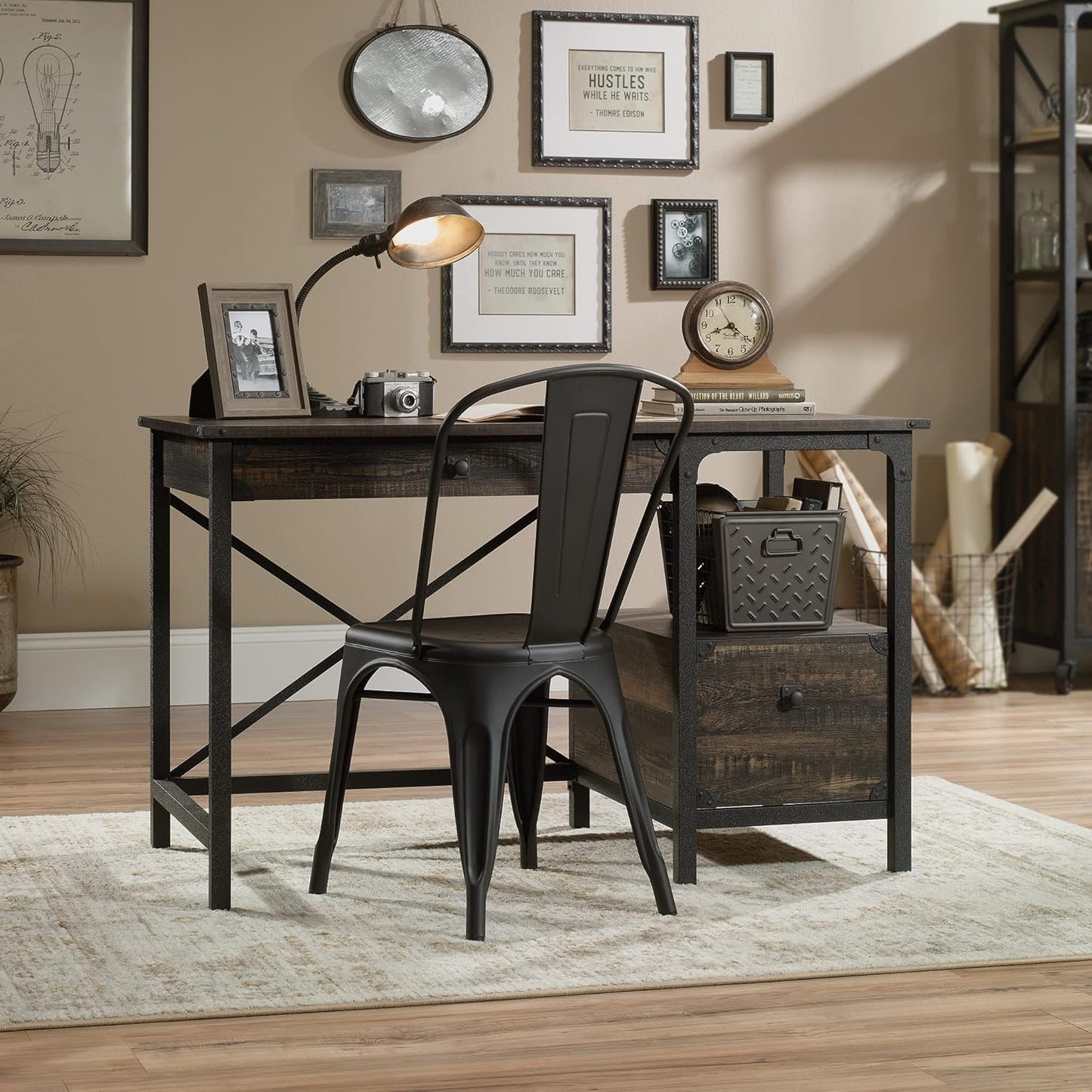 Desk Steel Metal Wood Two Drawers & Open Shelf Pedestal Desk