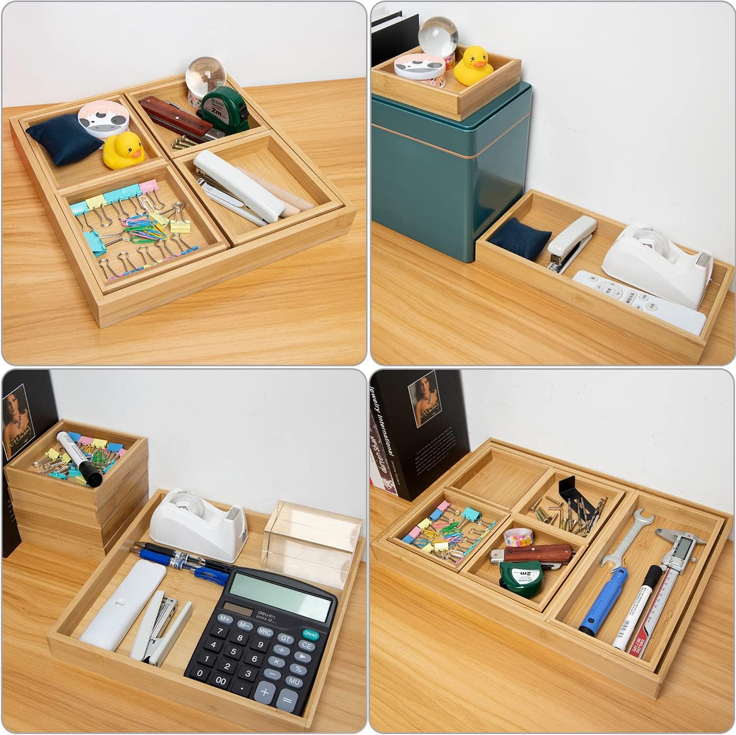 Wooden Serving Trays W/Handle Rectangular Bamboo Tray, Set of 7