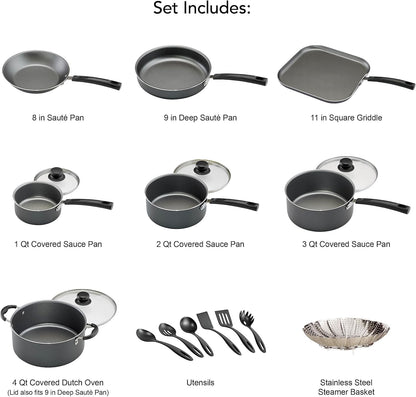 Non-stick Cookware Set Saucepan Utensil Set , 18 Pieces - Gray