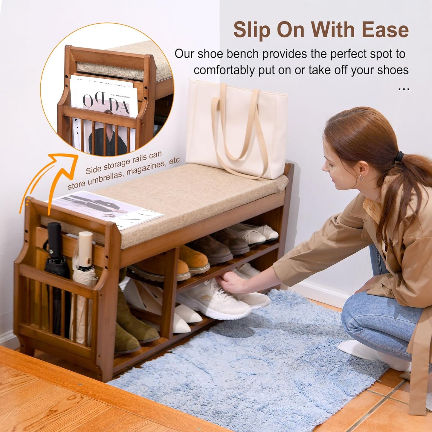 Entryway Bamboo 2 Tier Shoe Rack Bench W/Hidden Drawer Organizer