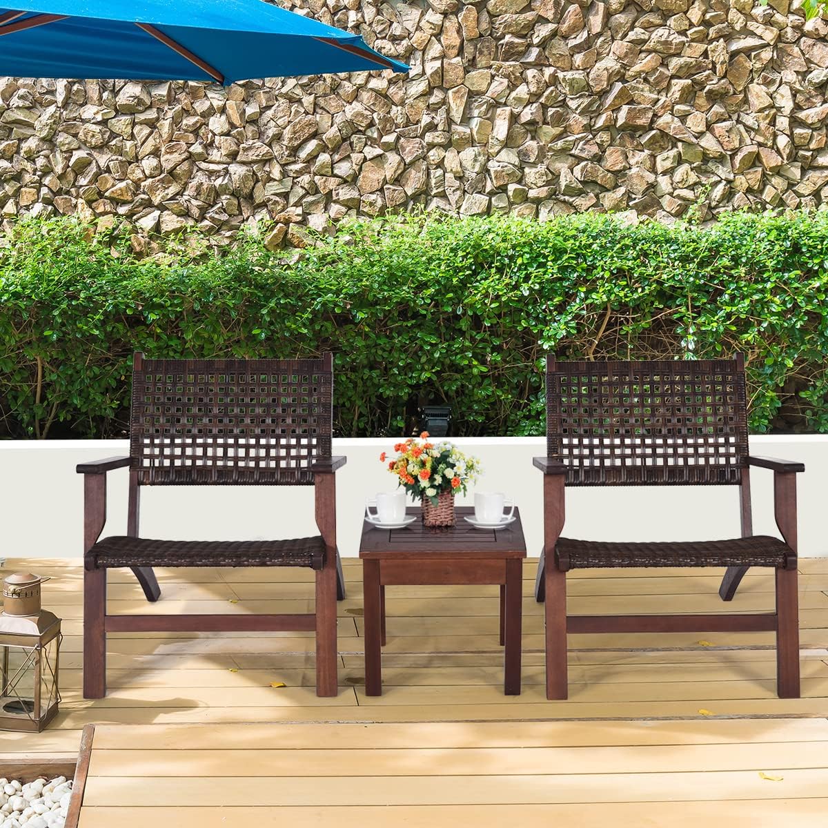 Patio Furniture 3 Pcs Set Solid Wood Frame Chair Coffee Table Set