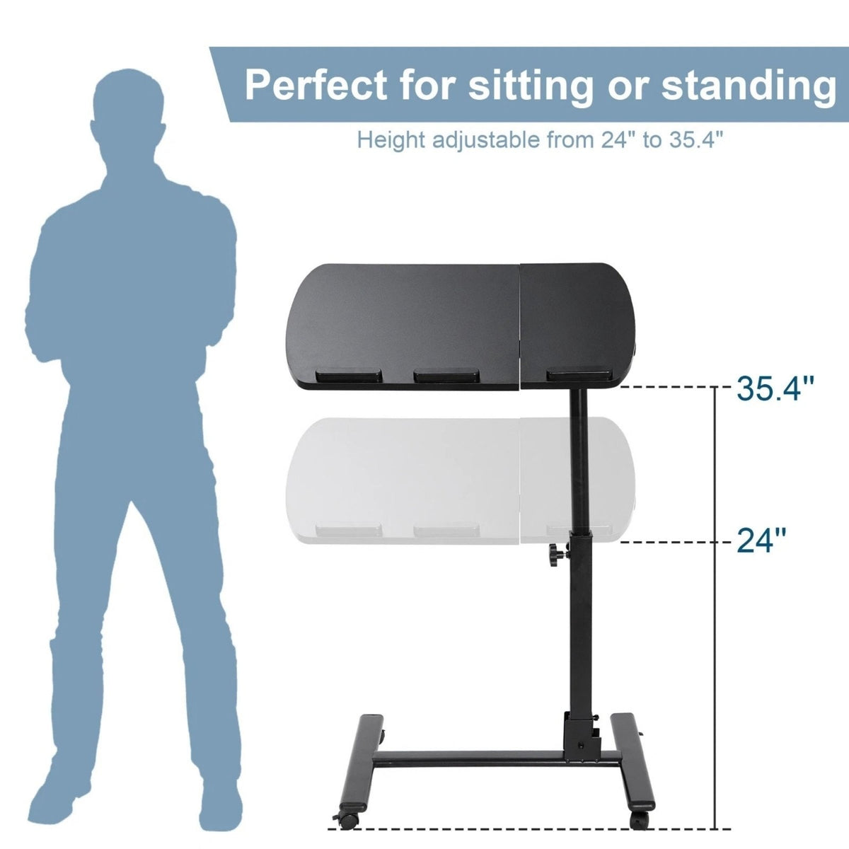 Rolling Desk Adjustable Height Laptop Desk W/Mousepad Desk, Black