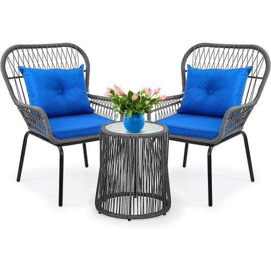 Patio Chair & Table Set Wicker Rattan 3Pcs Outdoor Bistro Set