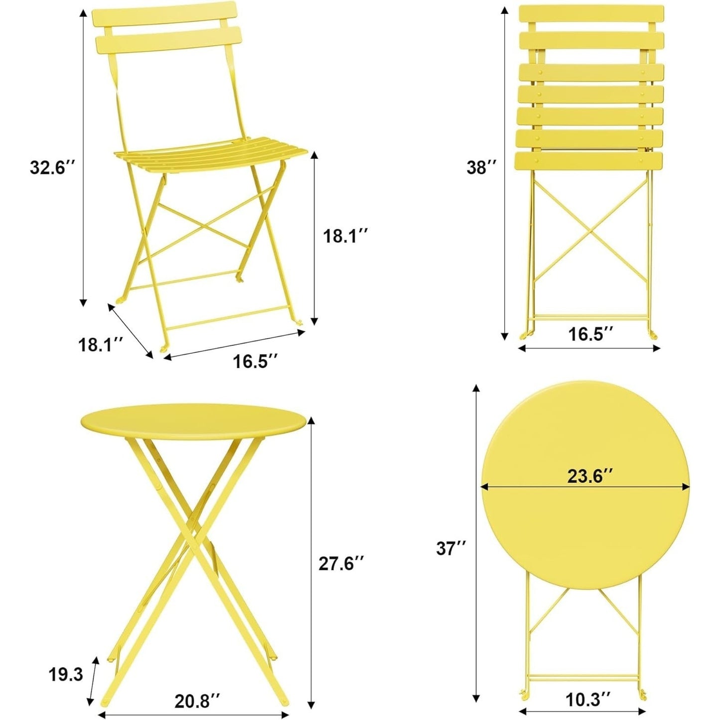 Bistro Set 3-Pcs Folding Garden Steel Frame Bistro Set, Yellow