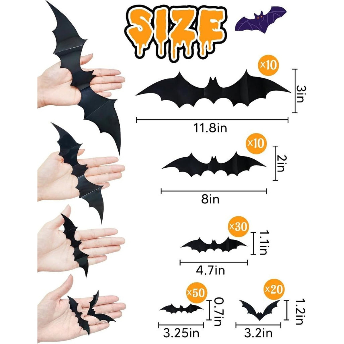 Halloween Bats Wall Decor 4 Size Black 3D Bat Decoration-120 Pcs