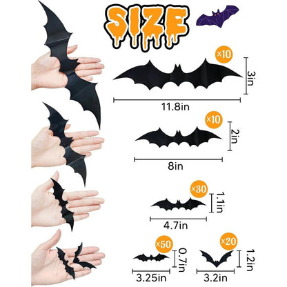 Halloween Bats Wall Decor 4 Size Black 3D Bat Decoration-120 Pcs