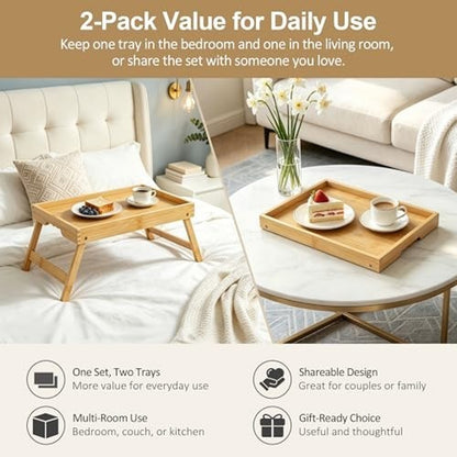 Bamboo Breakfast Tray Folding Breakfast Set of 2 Tray, Natural