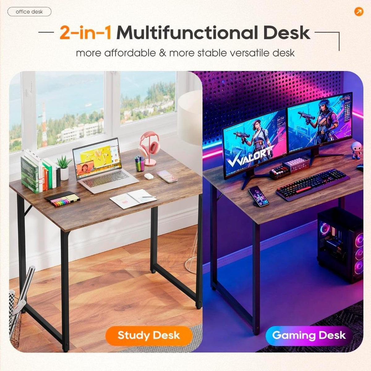 Small Computer Desk 32"W Office Writing Black Metal Table, Brown
