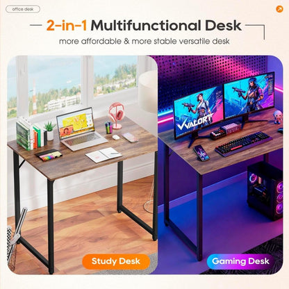 Small Computer Desk 32"W Office Writing Black Metal Table, Brown