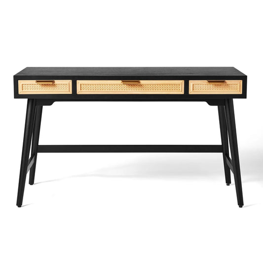 Enzo Writing Desk 3 Rattan Storage Drawers 54"W Desk, Black