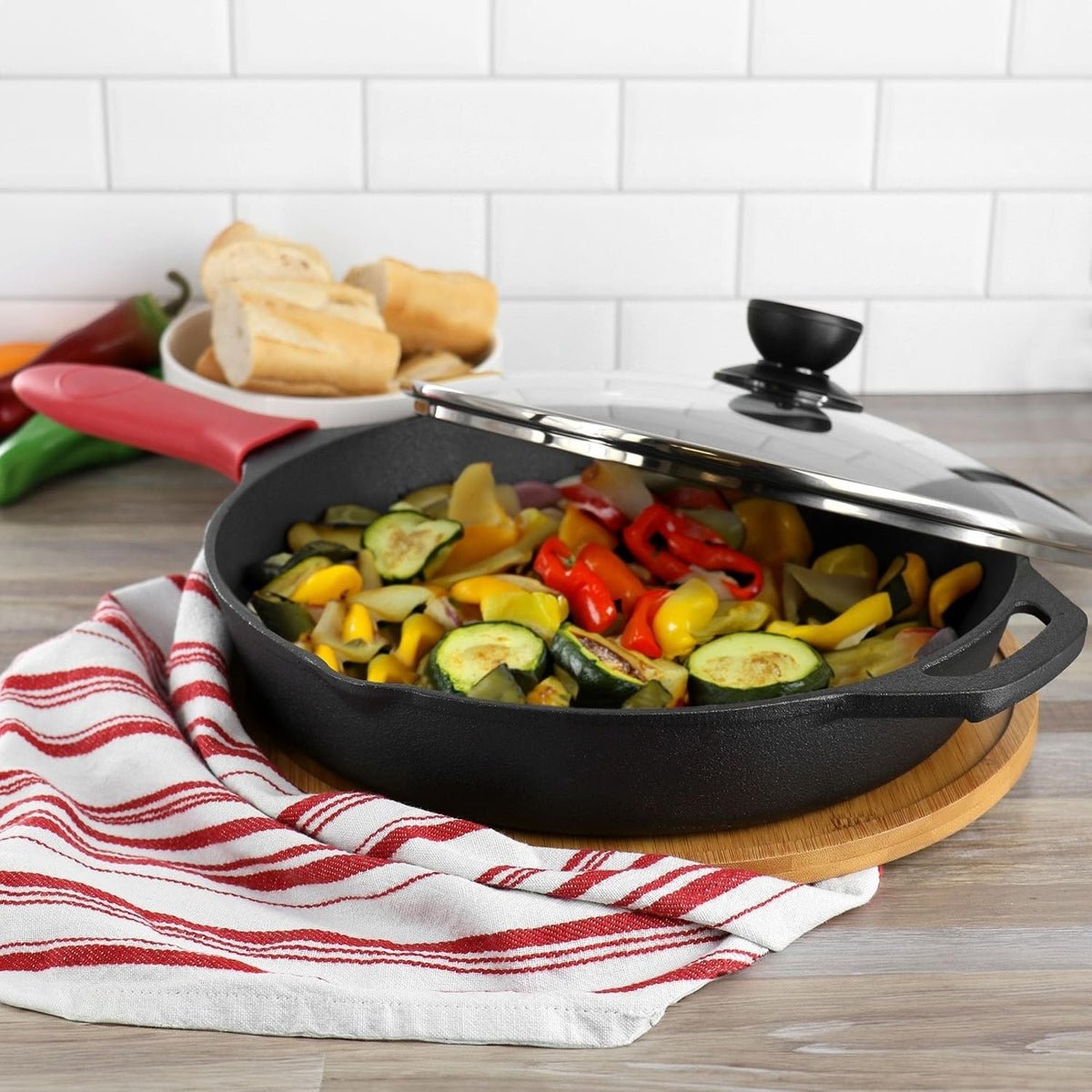 Cast Iron Skillet W/Lid Holder & Scrapers Pre-Seasoned 12" Pan