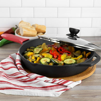 Cast Iron Skillet W/Lid Holder & Scrapers Pre-Seasoned 12" Pan