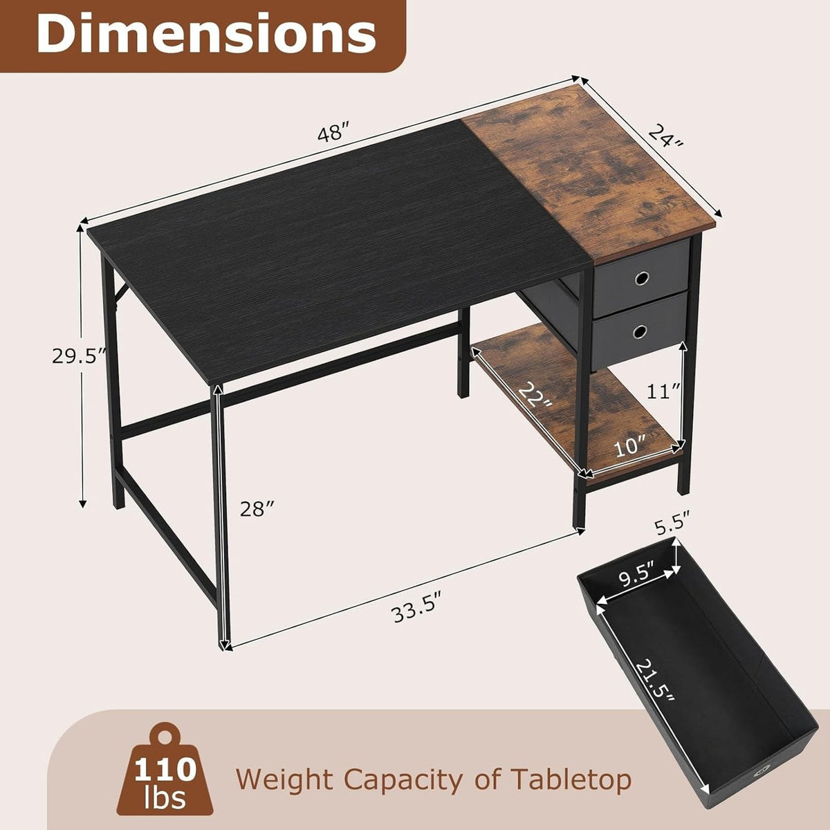 Computer Desk 2-Fabric Drawer Open Shelf 48"W Metal Frame Desk