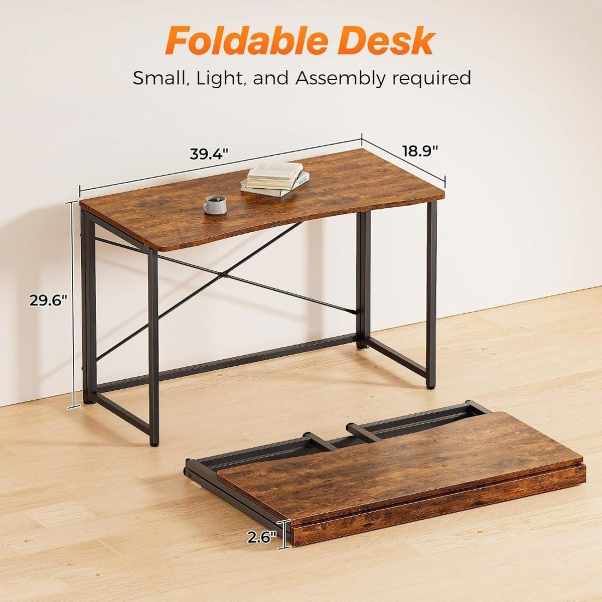 Foldable Computer Desk 39.4"W Small Space Table, Rustic Brown