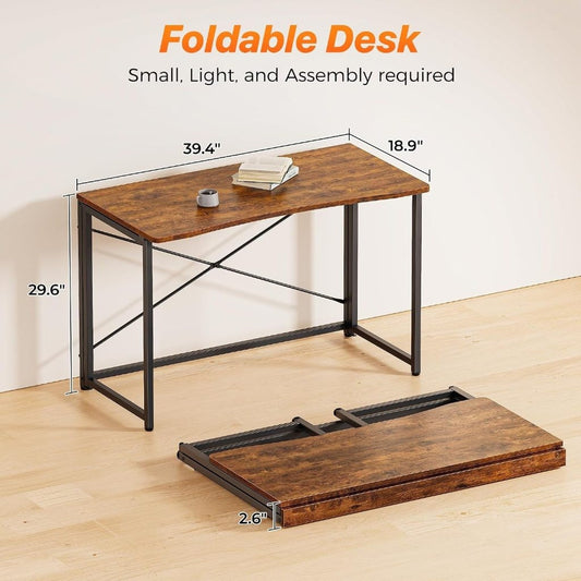 Foldable Computer Desk 39.4"W Small Space Table, Rustic Brown