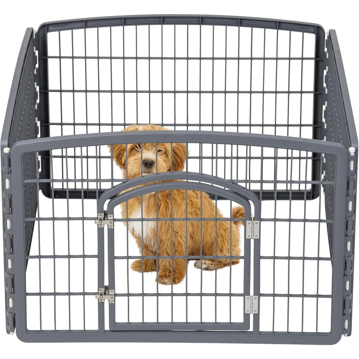Pet Playpen Fence Enclosure Plastic 4-Panel W/Gate Door, Gray