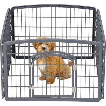 Pet Playpen Fence Enclosure Plastic 4-Panel W/Gate Door, Gray