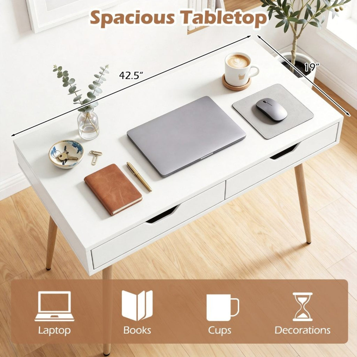 Modern White Writing Desk 2 Drawers Wood Legs 42.5" Home Office