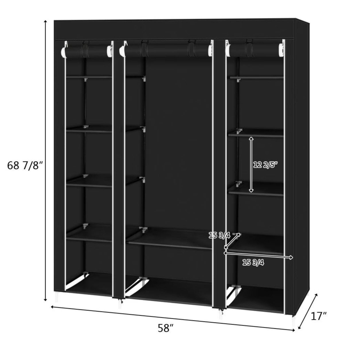 Portable Closet Wardrobe Rack Storage Organizer W/Shelves, Black