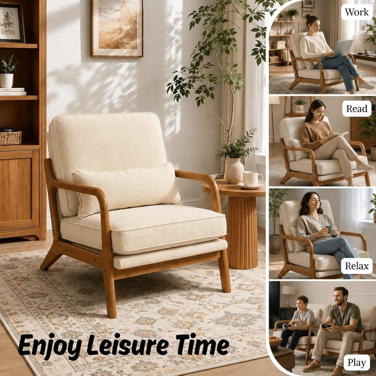 Modern Accent Chair Linen Beige Solid Wood Frame Reading Lounge