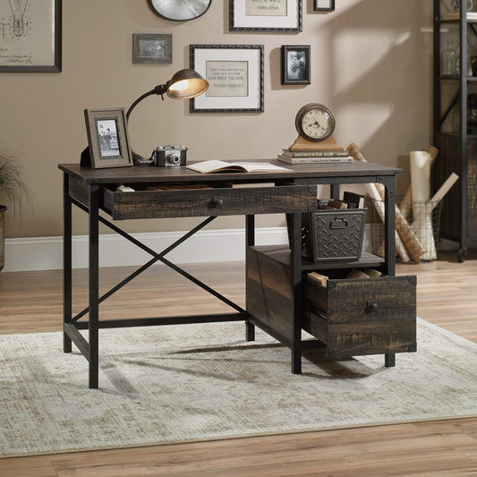 Desk Steel Metal Wood Two Drawers & Open Shelf Pedestal Desk
