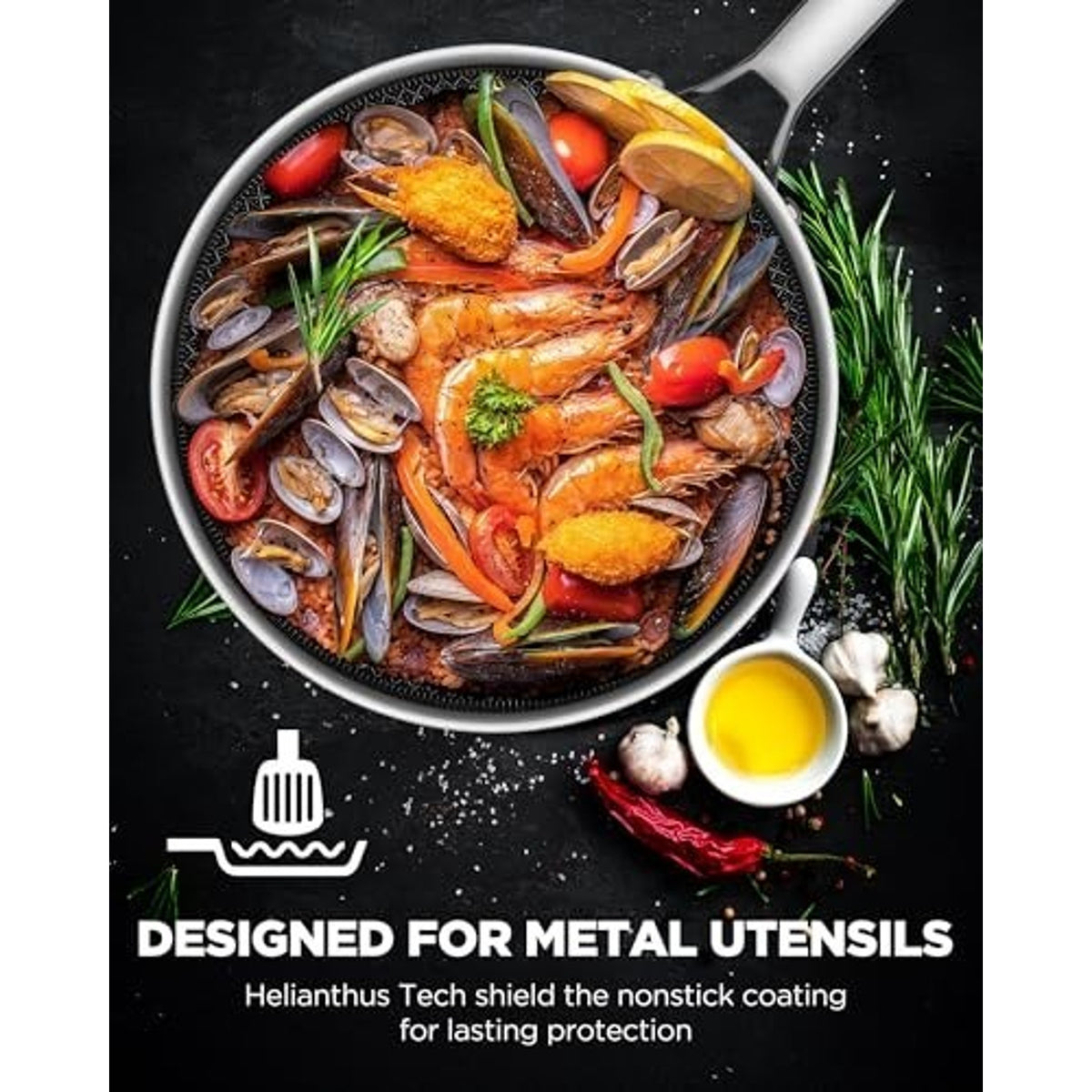 Hybrid Ceramic Pan Nonstick Skillet Tri-Ply Stainless w/Lid-12 in