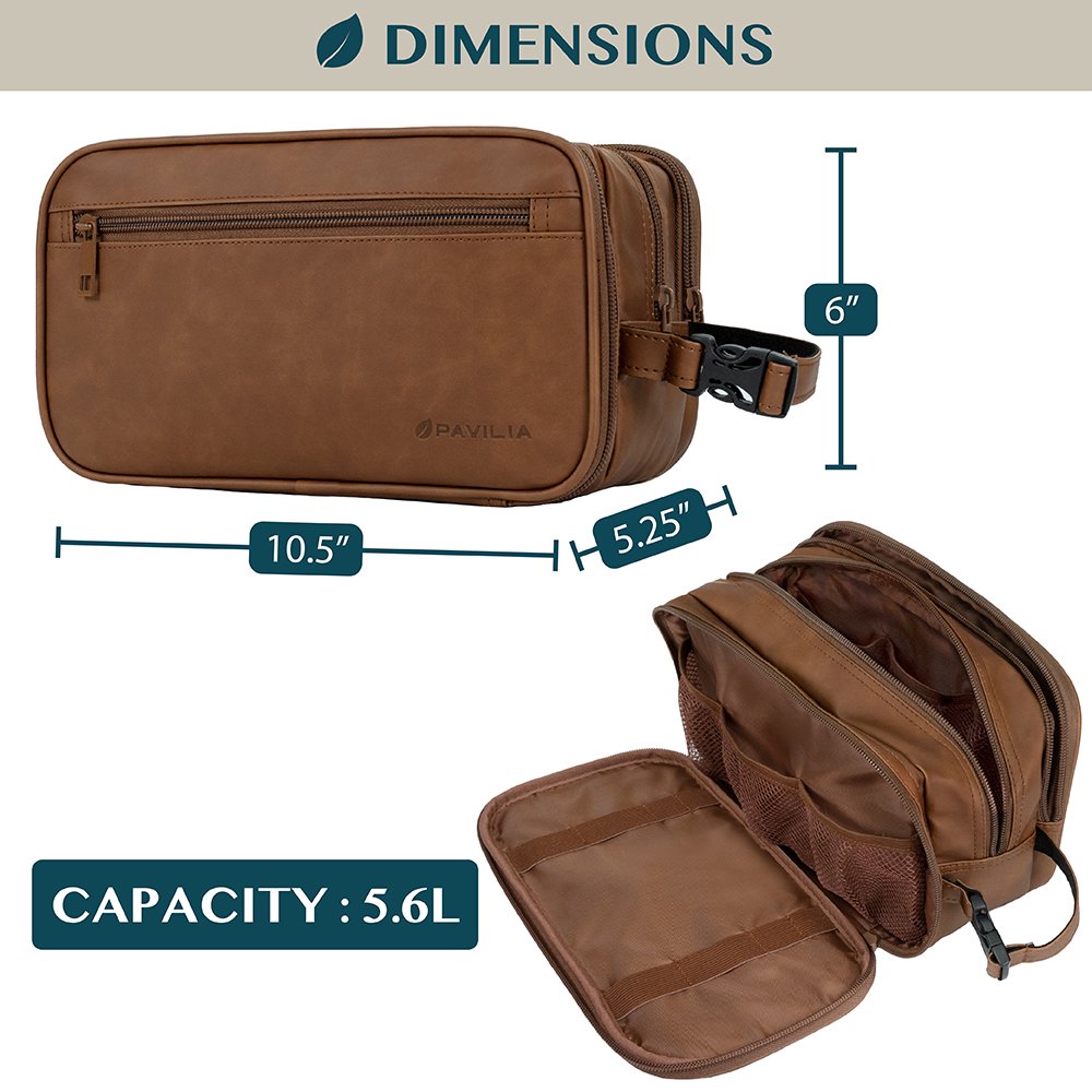 Leather Travel Bag Water-Resistant Clip-on Buckles Toiletry Bag