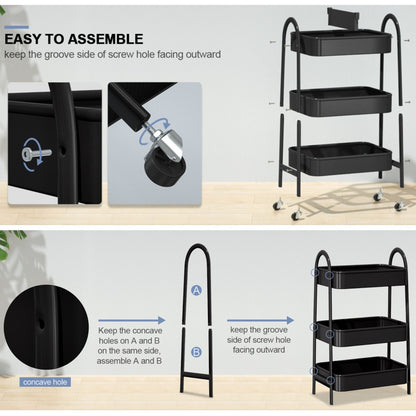 Utility Rolling Cart Metal Storage 3-Tier Trolley Cart, Black