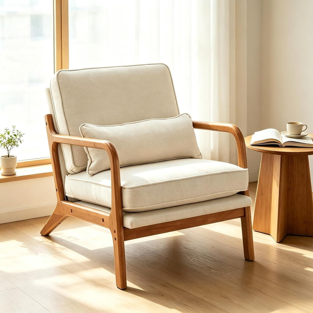 Modern Accent Chair Linen Beige Solid Wood Frame Reading Lounge