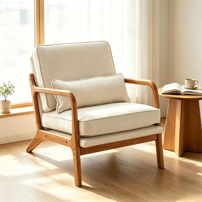 Modern Accent Chair Linen Beige Solid Wood Frame Reading Lounge