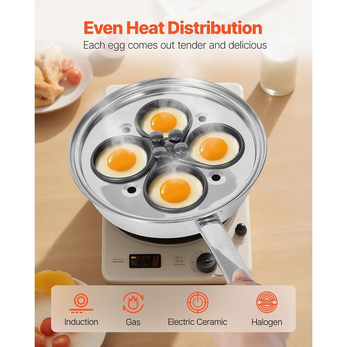 4-Cup Egg Poacher Pan Stainless Steel Nonstick Glass Lid Egg Cup