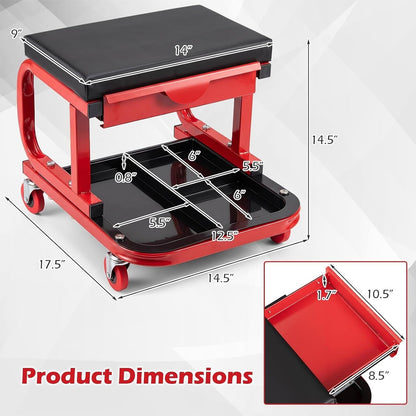 Rolling Mechanic Stool W/Magnetic Drawer & Tool Tray Creeper, Red