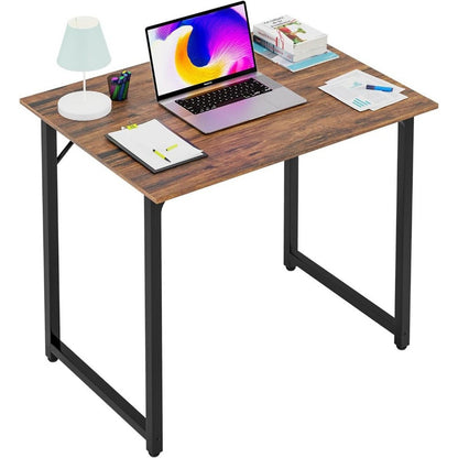 Small Computer Desk 32"W Office Writing Black Metal Table, Brown