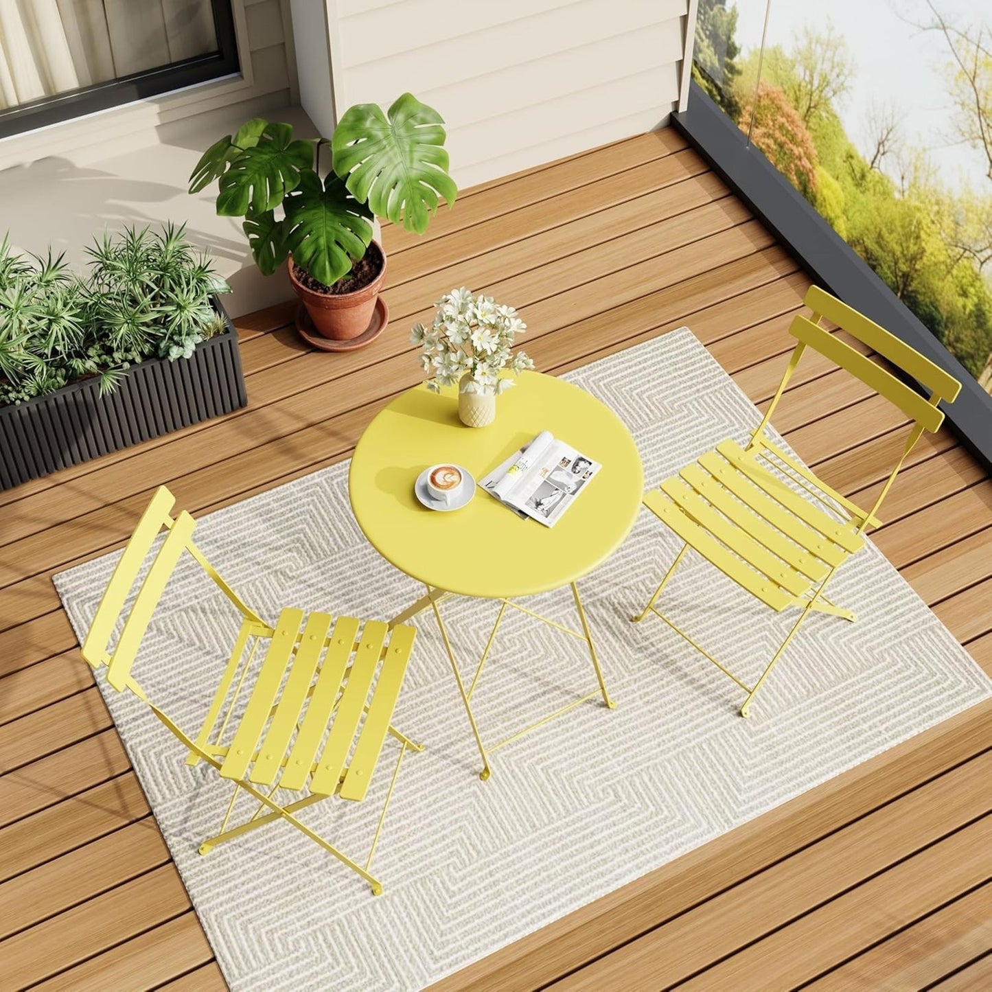 Bistro Set 3-Pcs Folding Garden Steel Frame Bistro Set, Yellow