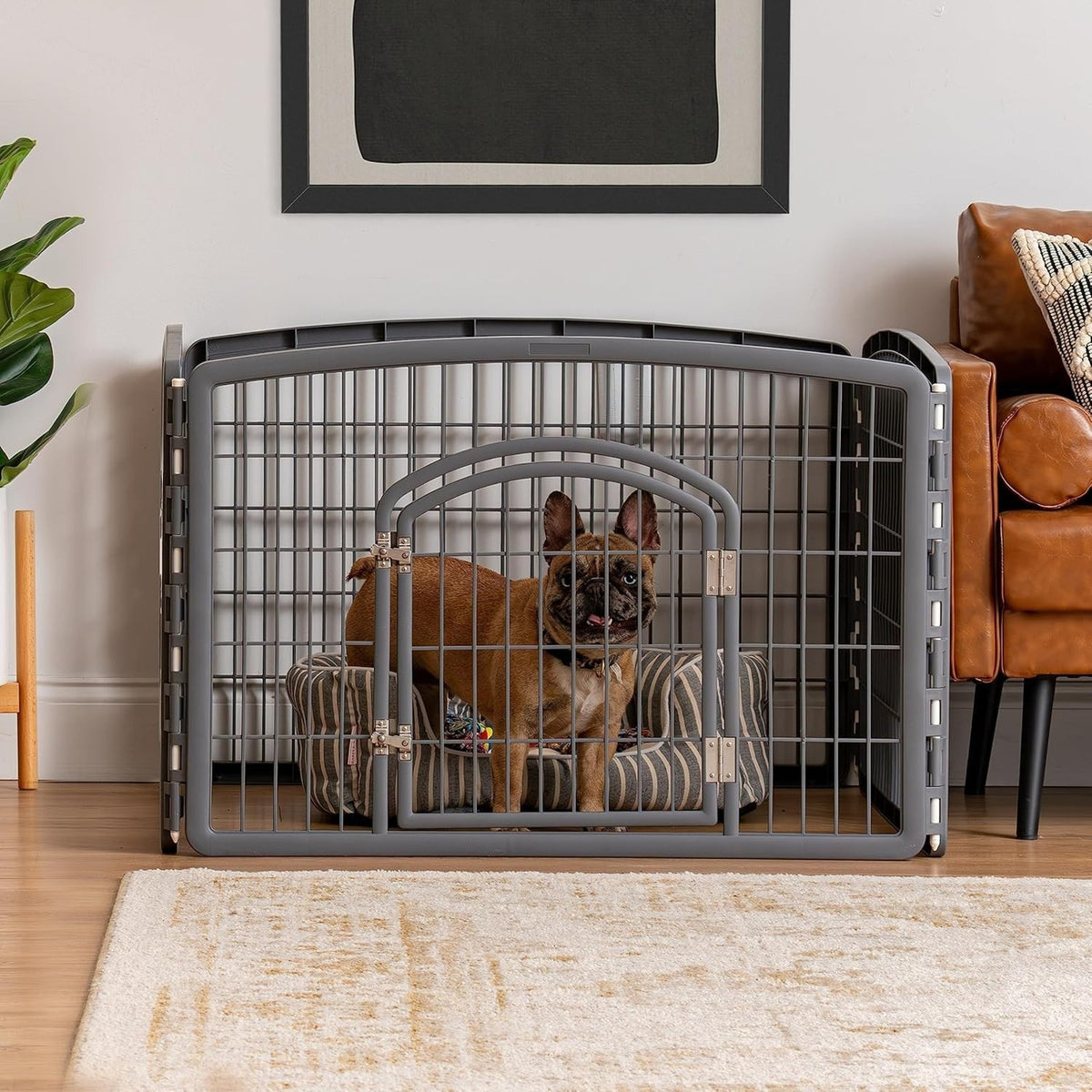 Pet Playpen Fence Enclosure Plastic 4-Panel W/Gate Door, Gray