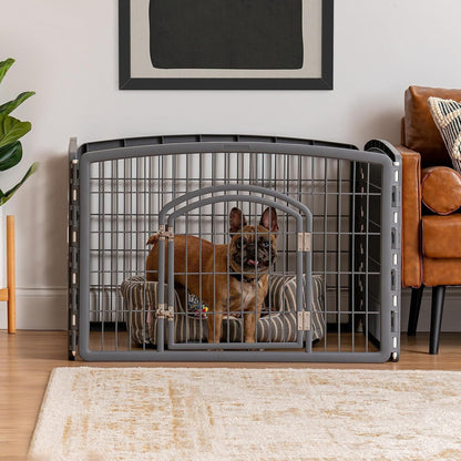 Pet Playpen Fence Enclosure Plastic 4-Panel W/Gate Door, Gray