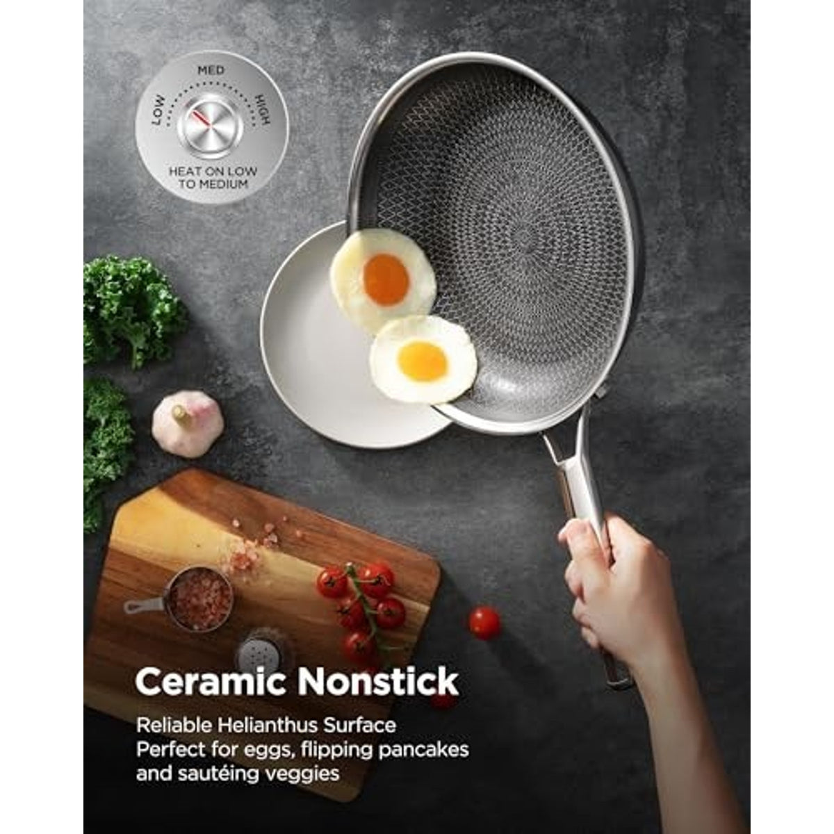 Hybrid Ceramic Pan Nonstick Skillet Tri-Ply Stainless w/Lid-12 in