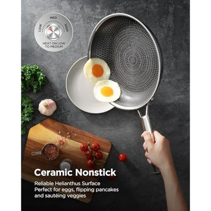 Hybrid Ceramic Pan Nonstick Skillet Tri-Ply Stainless w/Lid-12 in