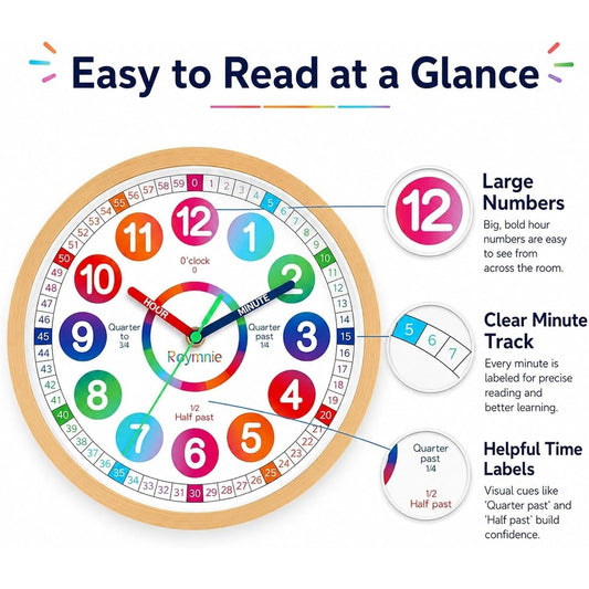 Learning Clock Kids Time Teaching Non Ticking Colorful 8" Clock