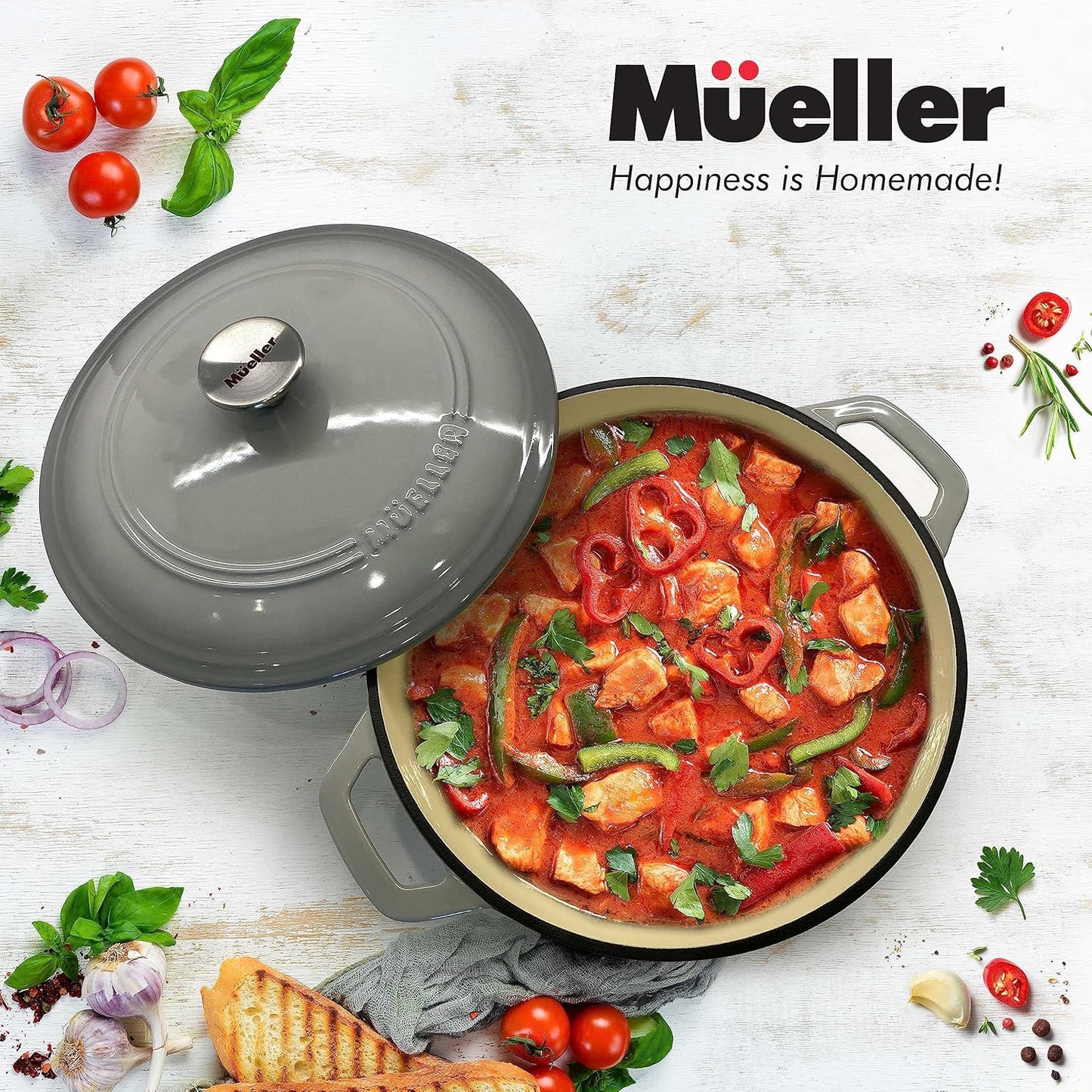 Enameled Cast Iron Dutch Oven Casserole W/Lid, 6 Qt - Gray