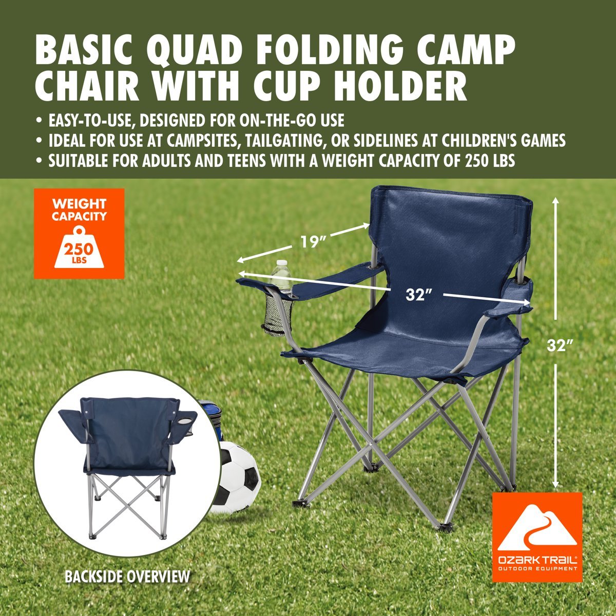 Folding Chair Fishing Beach Outdoor Camping Chair W/ Cup Holder, Blue