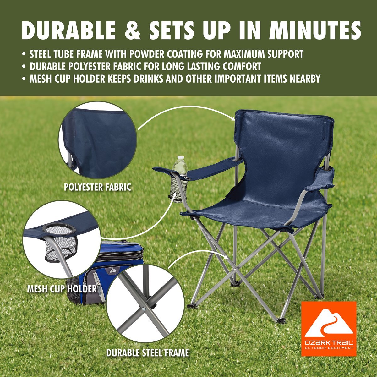 Folding Chair Fishing Beach Outdoor Camping Chair W/ Cup Holder, Blue