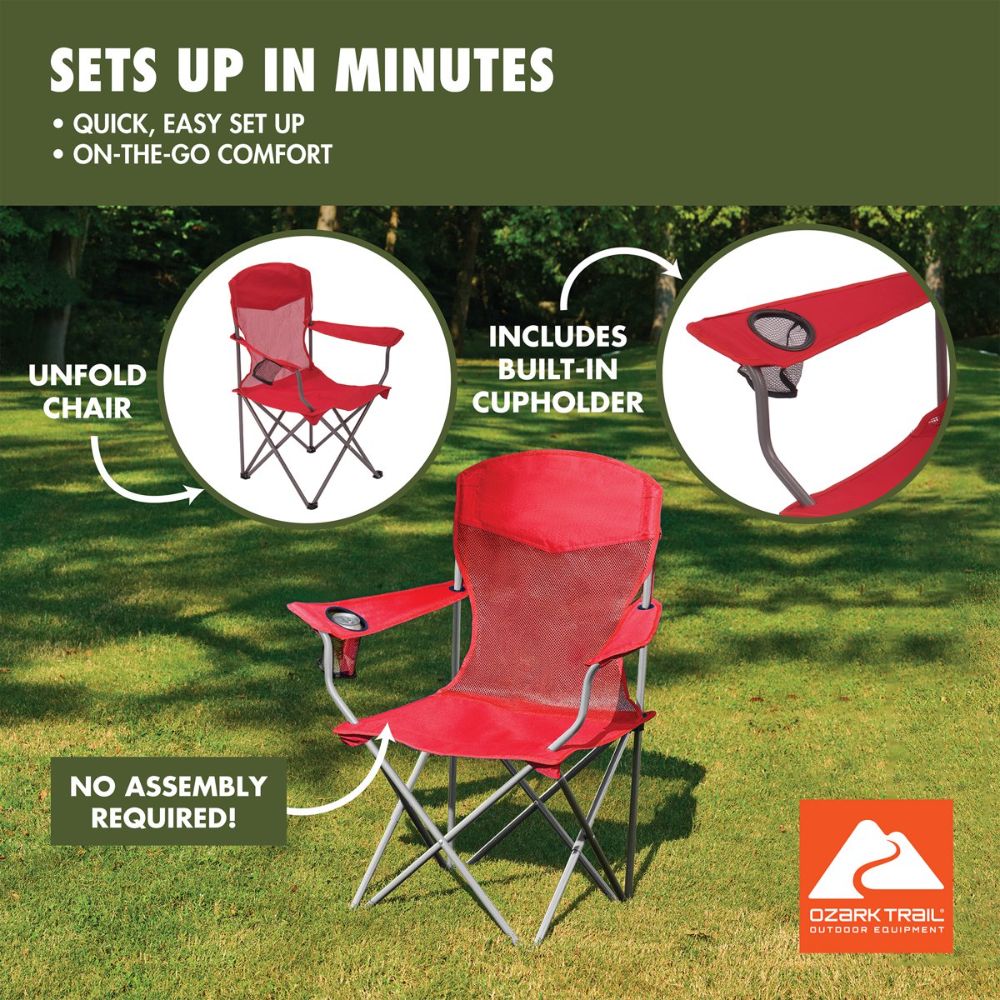 Folding Chair Beach Outdoor Camping Chair W/ Cup Holder, Red