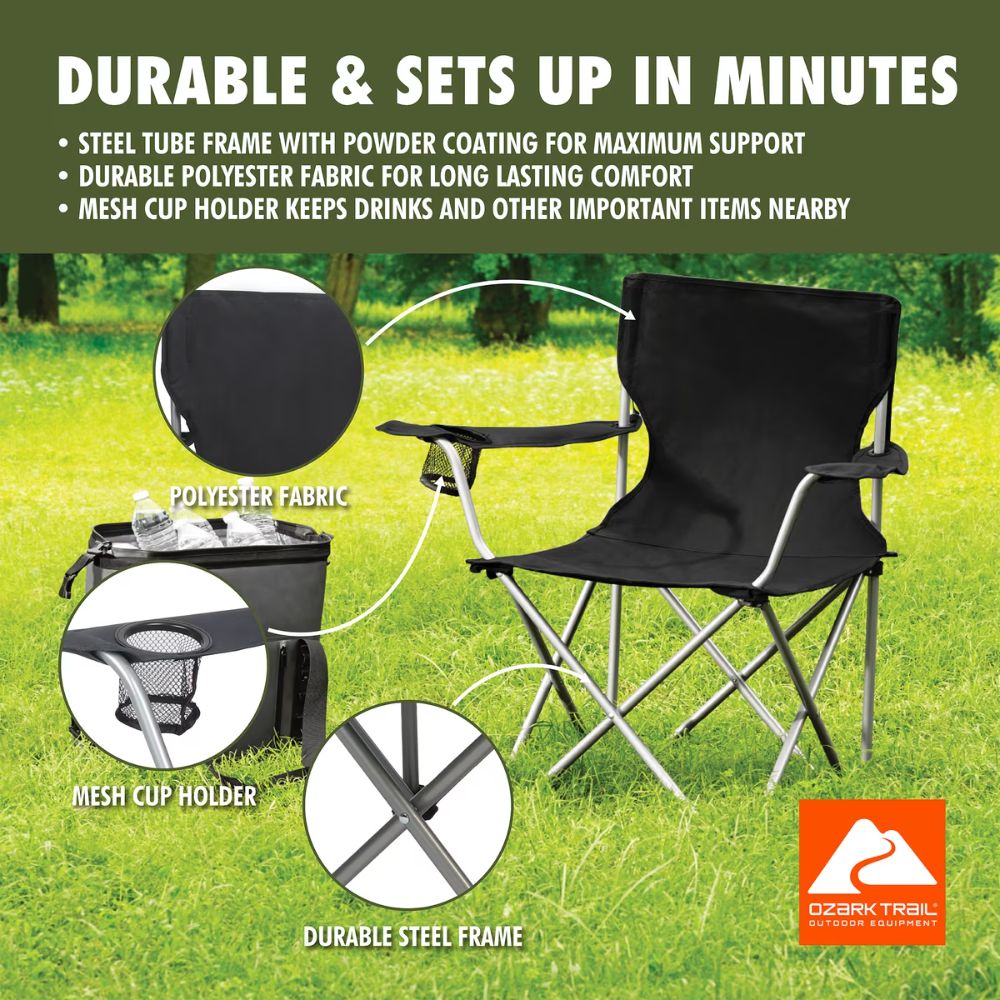 Folding Chair Beach Outdoor Camping Chair W/ Cup Holder, Black