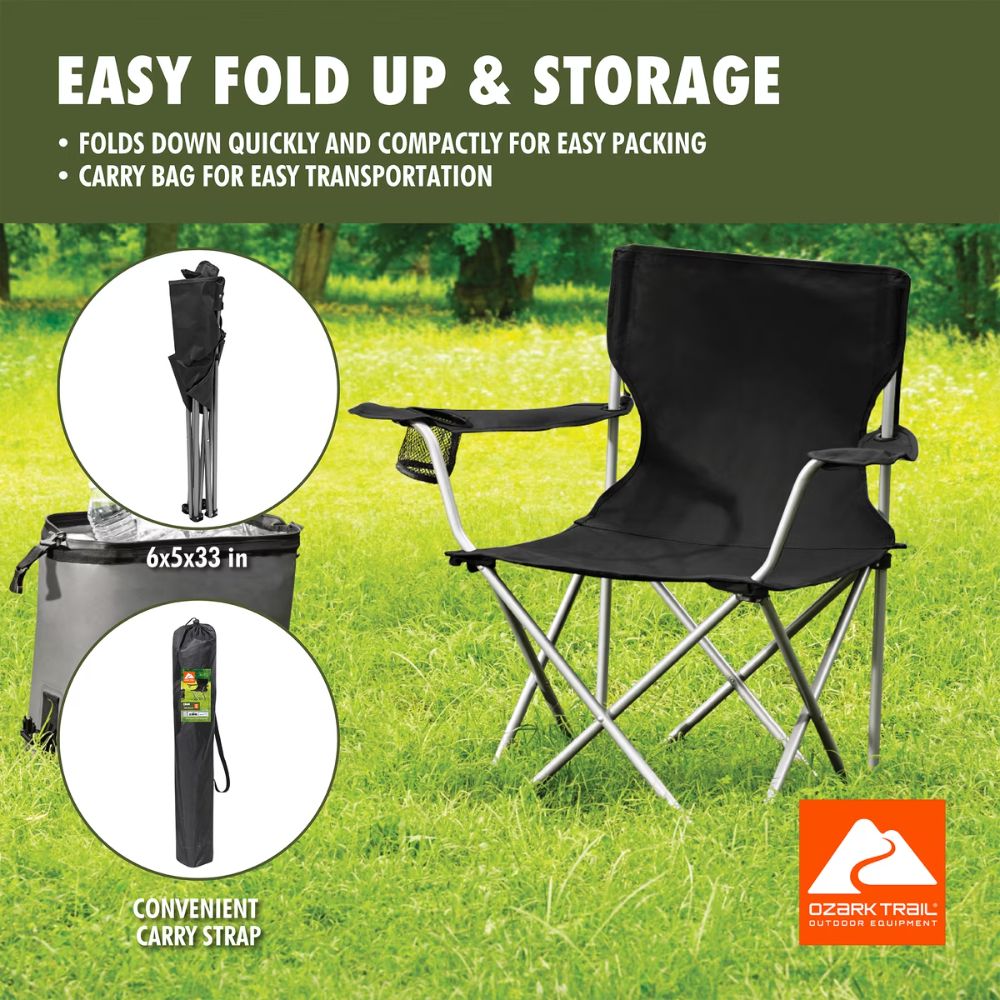 Folding Chair Beach Outdoor Camping Chair W/ Cup Holder, Black