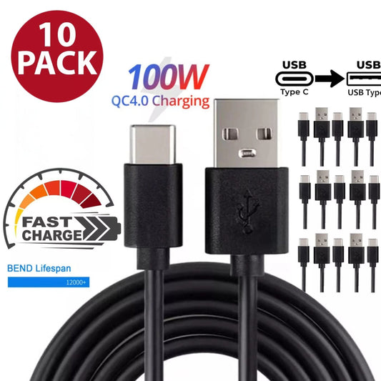Type C to USB-A Cable Fast Charging Cord Adapter 3Ft Cable-10 pk