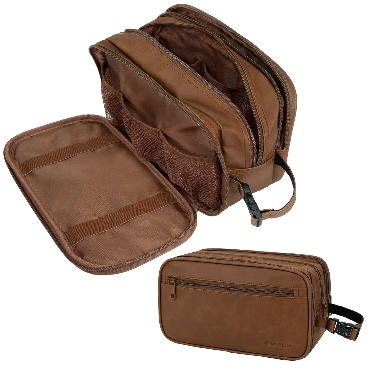 Leather Travel Bag Water-Resistant Clip-on Buckles Toiletry Bag